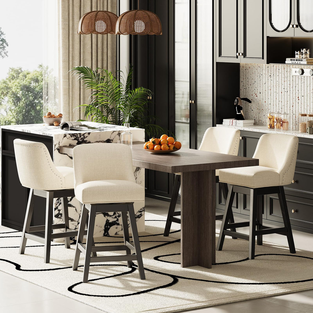 MALOL 27" Swivel Bar Stools Set of 3, Upholstered Barstools with Padded Seats and Solid Wood Legs, Counter Height Kitchen Stools for Kitchen Island, Breakfast Nook, Beige