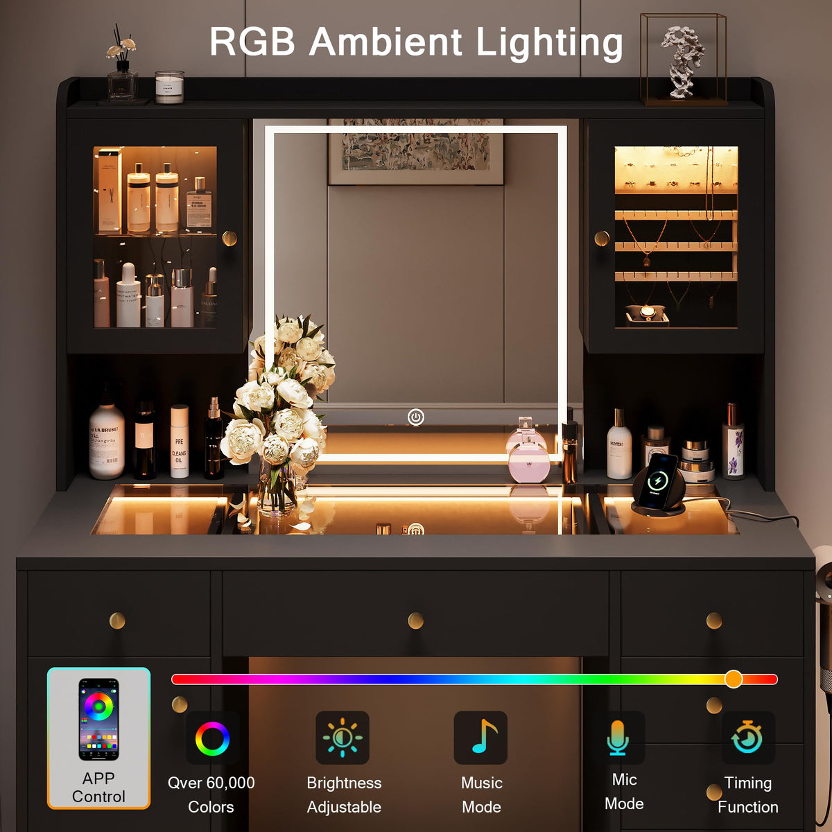 Black Glass-Top LED Makeup Vanity