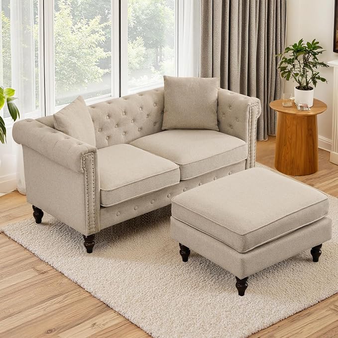 Chesterfield Velvet Loveseat with Ottoman