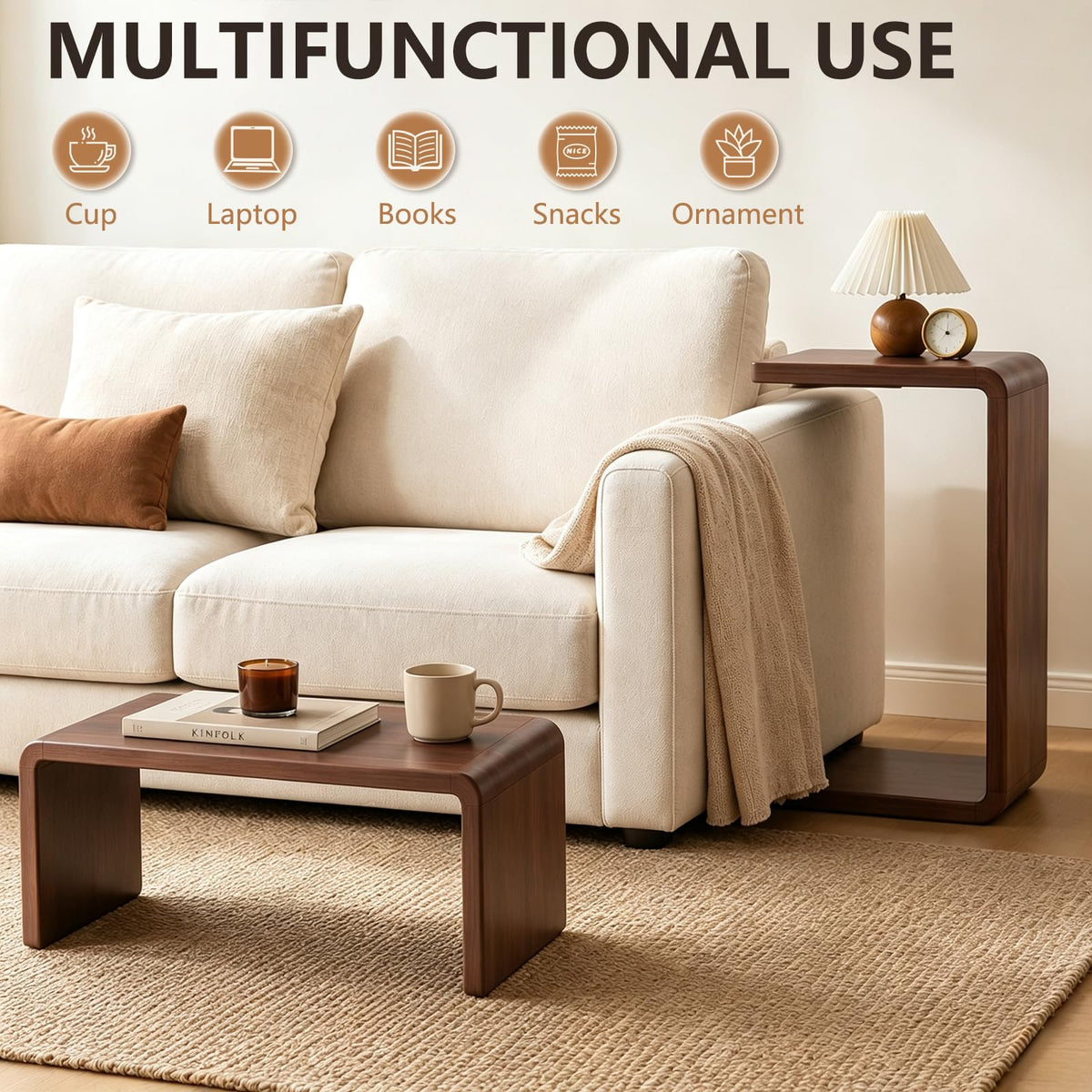 YIRCELOM Wooden C Shaped End Table, Couch Table, 24in W Walnut