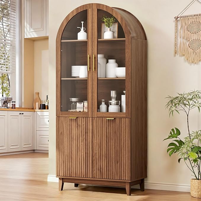 Arched Glass Door Pantry Cabinet with Fluted Detail