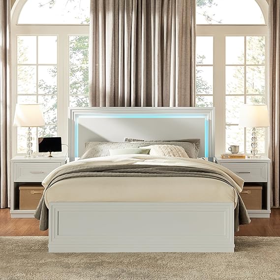 Queen Bed Frame & Nightstand Set with LED Headboard