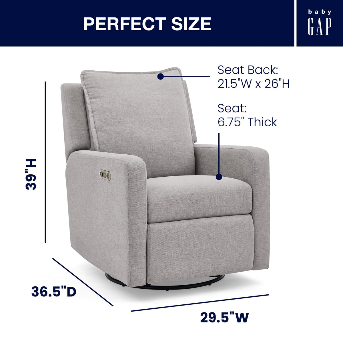 Delta Children babyGap Harlowe Power Recliner with USB-A & Charging Port Greenguard Gold Certified – Stain-Resistant Performance Fabric is Oeko-TEX Standard 100 Certified, Ash