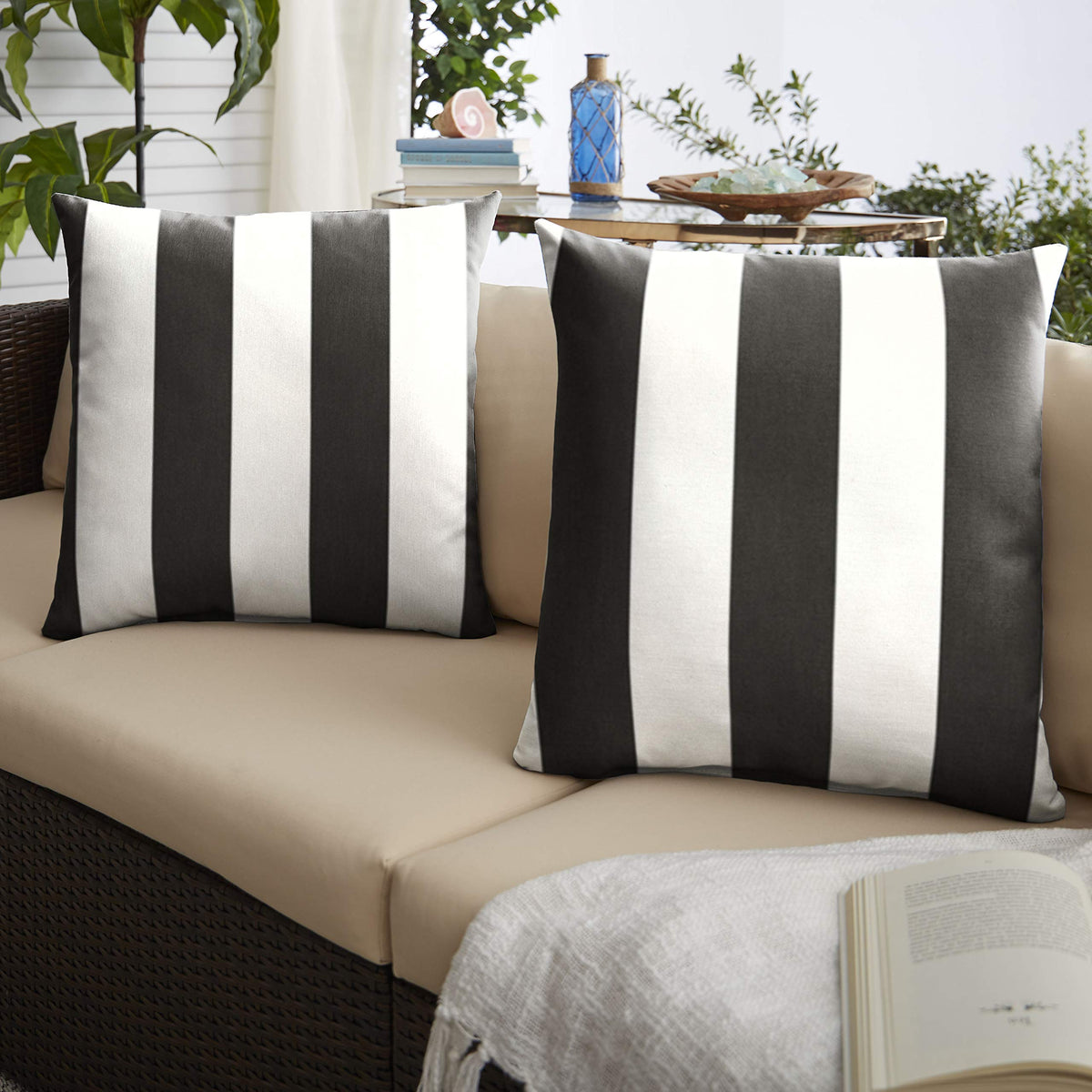 Black and White Striped Patio Pillow Pair