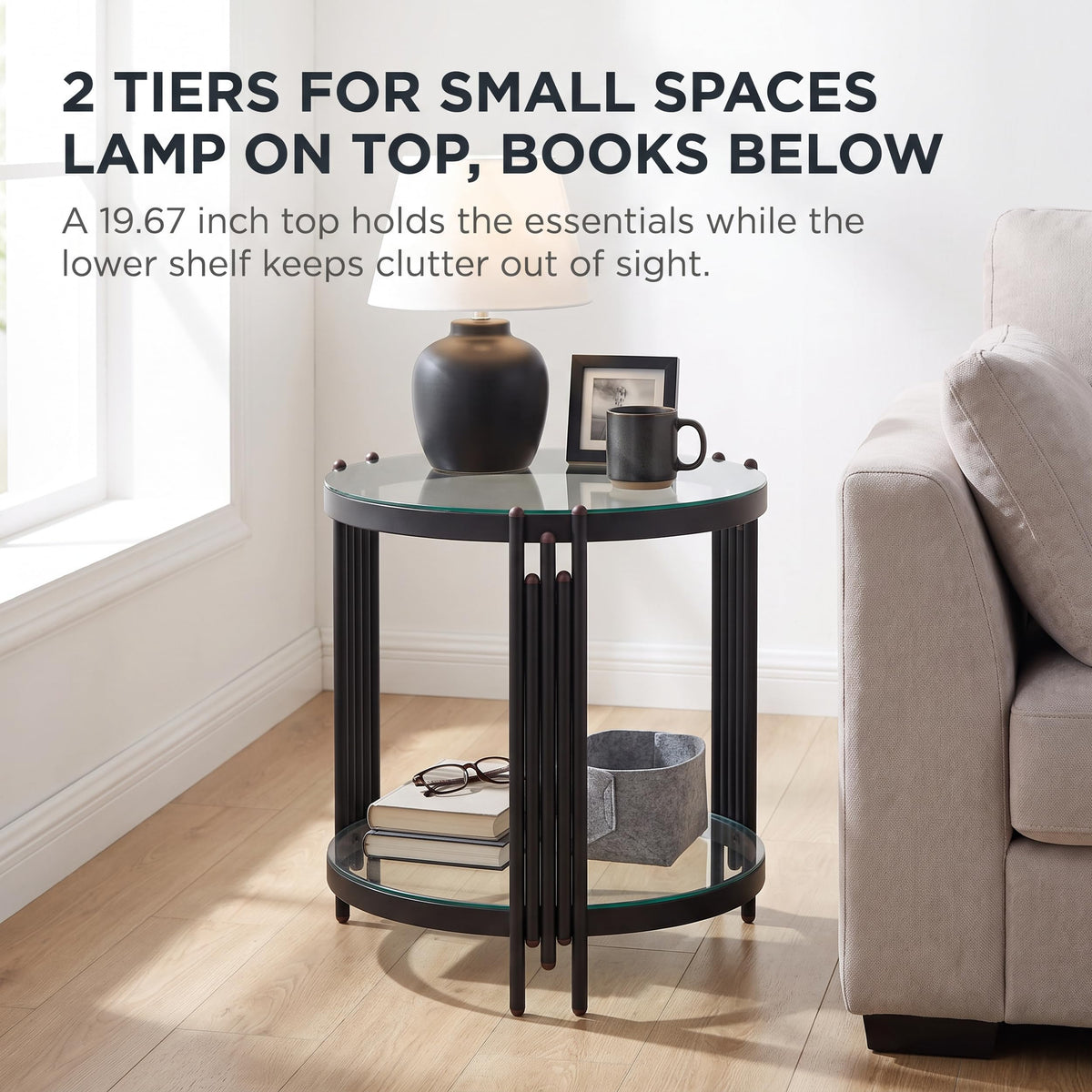 Round Glass End Table with Storage