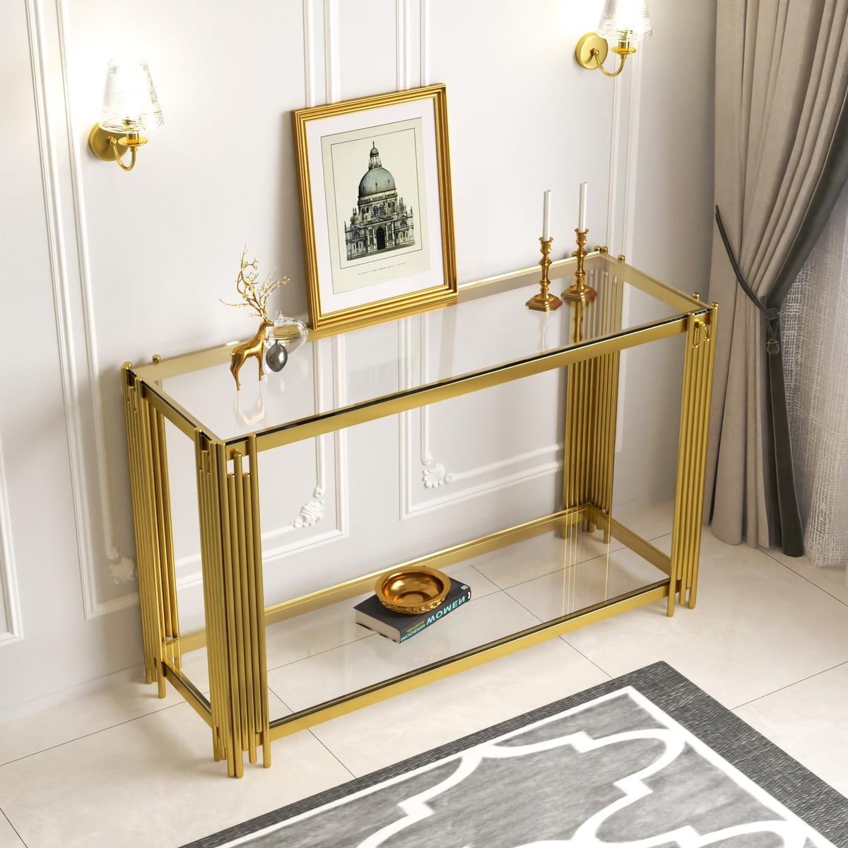 2-Tier Gold Glass Console Table