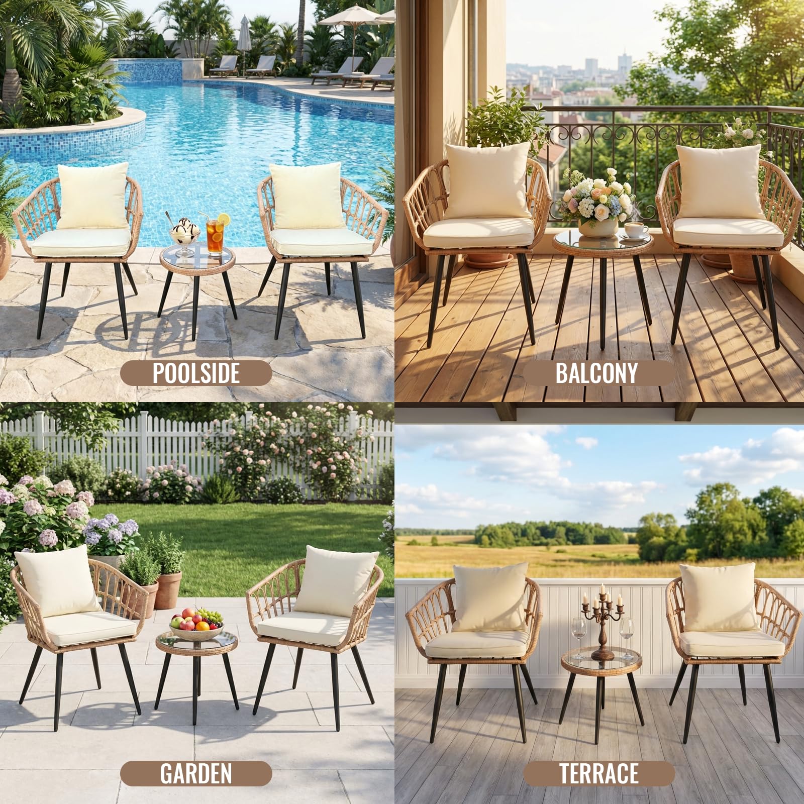 3 Piece Patio Bistro Set, Outdoor Wicker Apartment Balcony Furniture Set, All-Weather Rattan Patio Conversation Set for Backyard, Balcony and Porch with Soft Cushions, Tempered Glass Side Table(Beige)