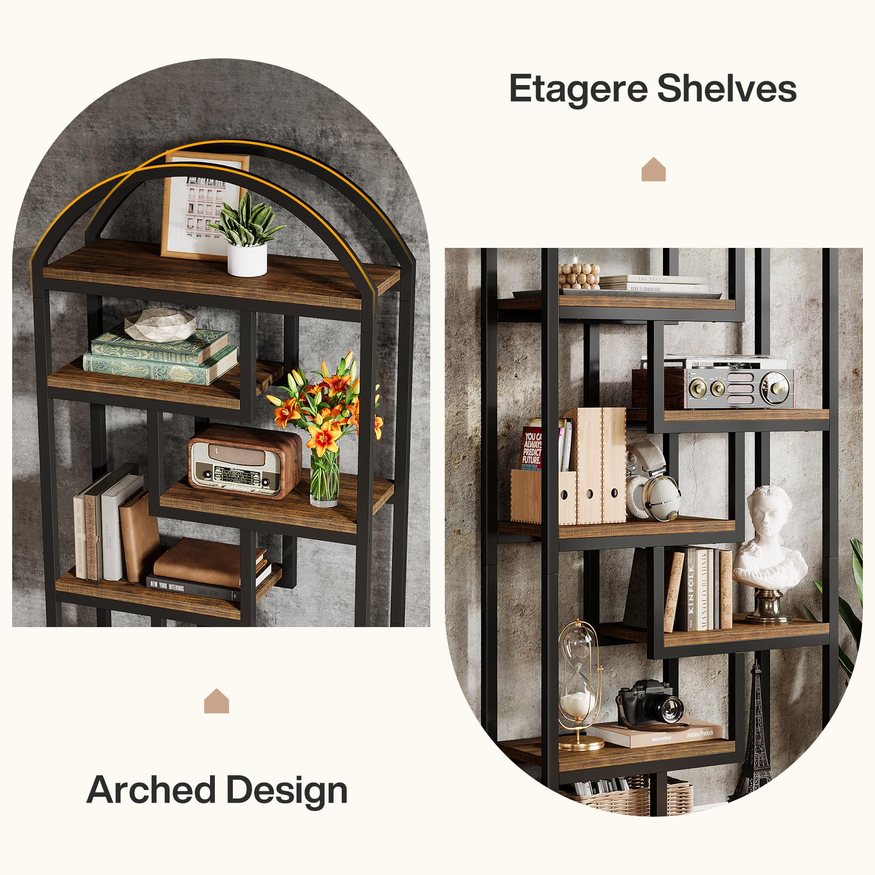 71" Arched Bookshelf 7-Shelf Industrial Etagere