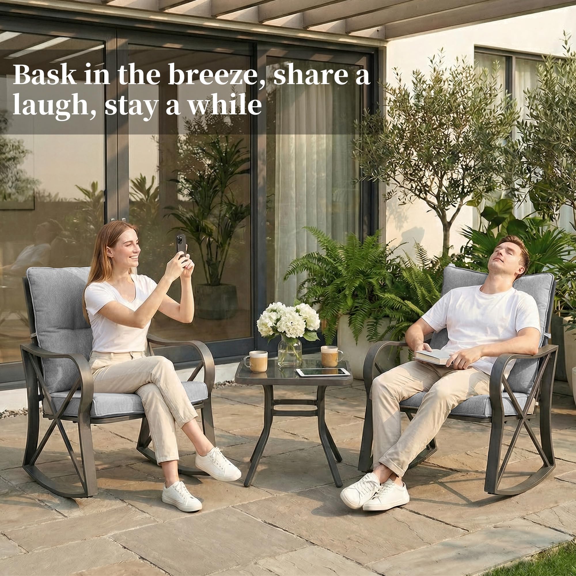 3-Piece Outdoor Rocking Bistro Set with Cushions & Glass-Top Table