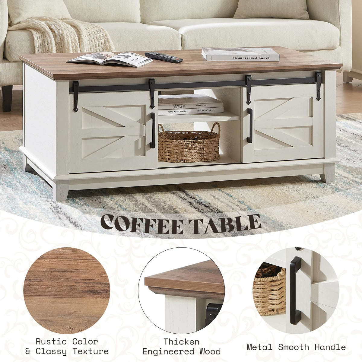 AMERLIFE Living Room Table Set of 5 with 59" TV Stand, Rustic White