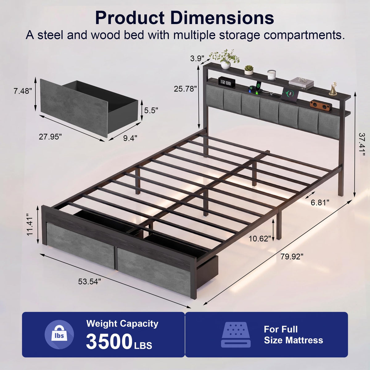 Aelawe Full Bed Frame with 2 Storage Drawers, Metal Platform Bed with LED Lights and Charging Station, Upholstered Headboard with 2-Tier Storage Shelf, Noise Free, No Box Spring Needed