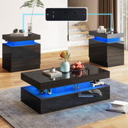 AMERLIFE 3-Piece High Gloss Living Room Table Set with LED Lights, Modern Coffee Table and 2 Side Tables, 2-Tier Center Table with Storage, Black Nightstands with Charging Station