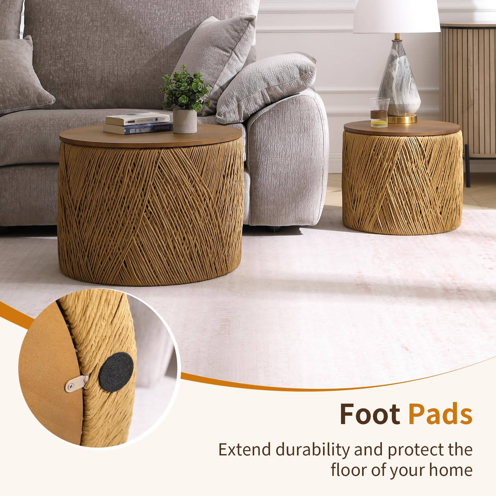 Round Nesting Coffee Table Set with Rattan Storage