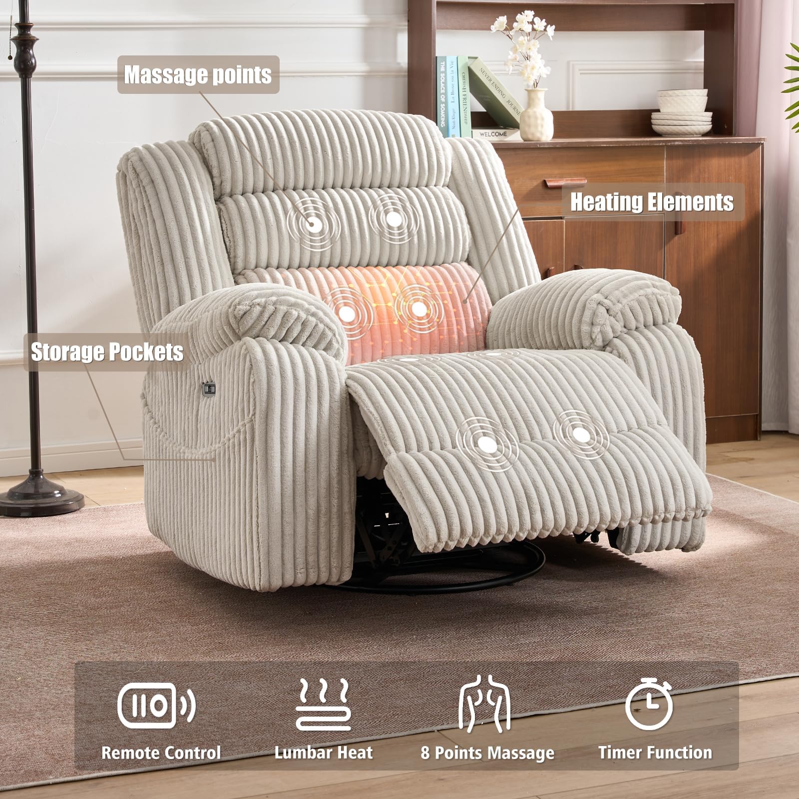 Power Swivel Rocker Recliner Chair with Massage & Heat