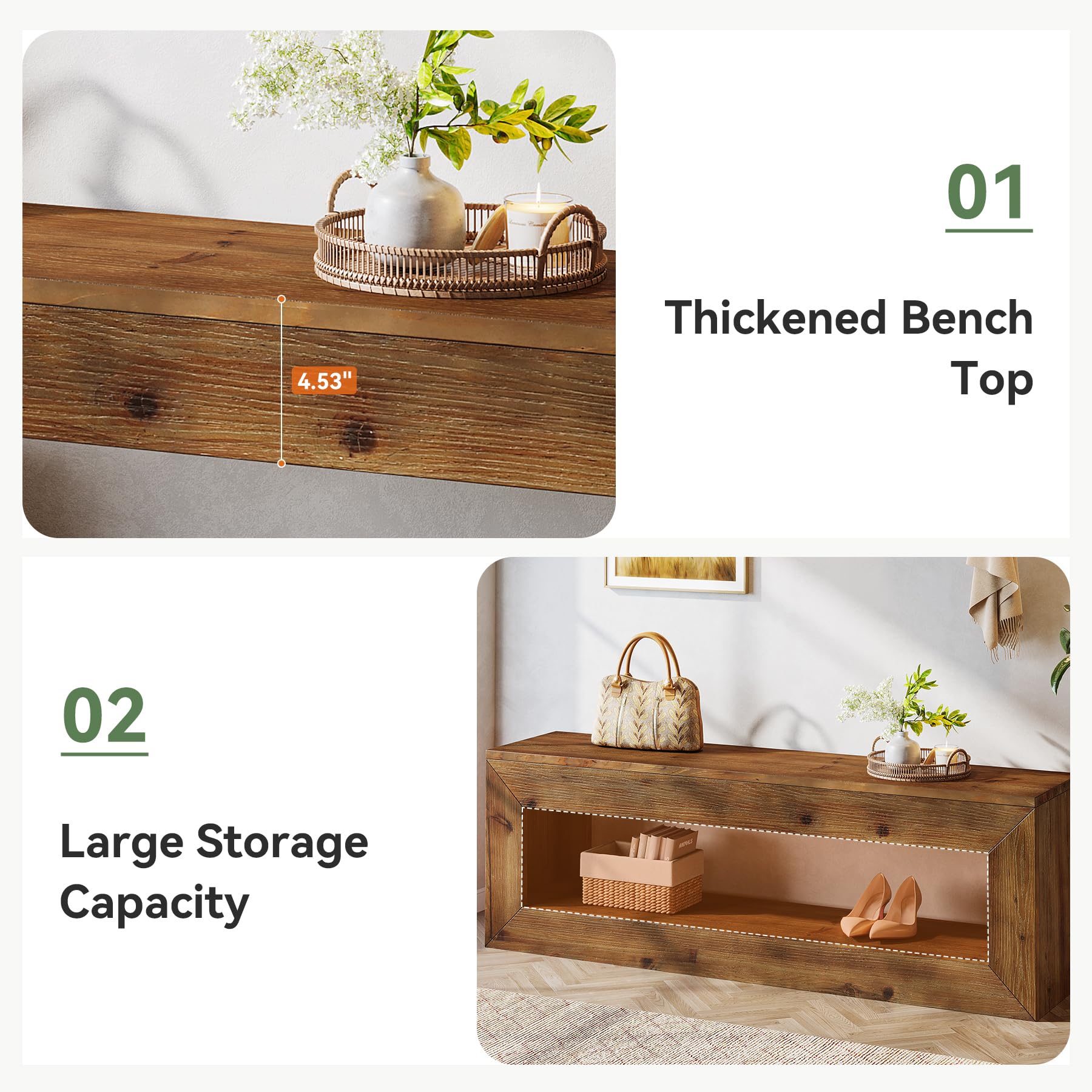 TRIBEWOOD Solid Wood Entryway Bench, 47" Rustic Farmhouse Indoor Bench Seat with Storage Shelf for Entrance, Hallway, End of Bed