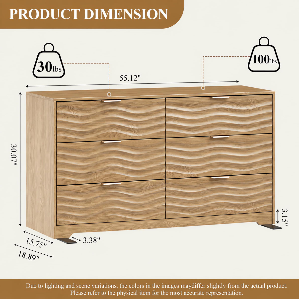 MALOL 55" Wide Coastline Fluted 6 Drawers Dresser for Bedroom,Walnut