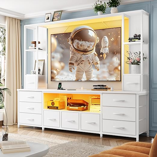 78.6" TV Stand with 11 Fabric Drawers, LED Lights & Power Outlets