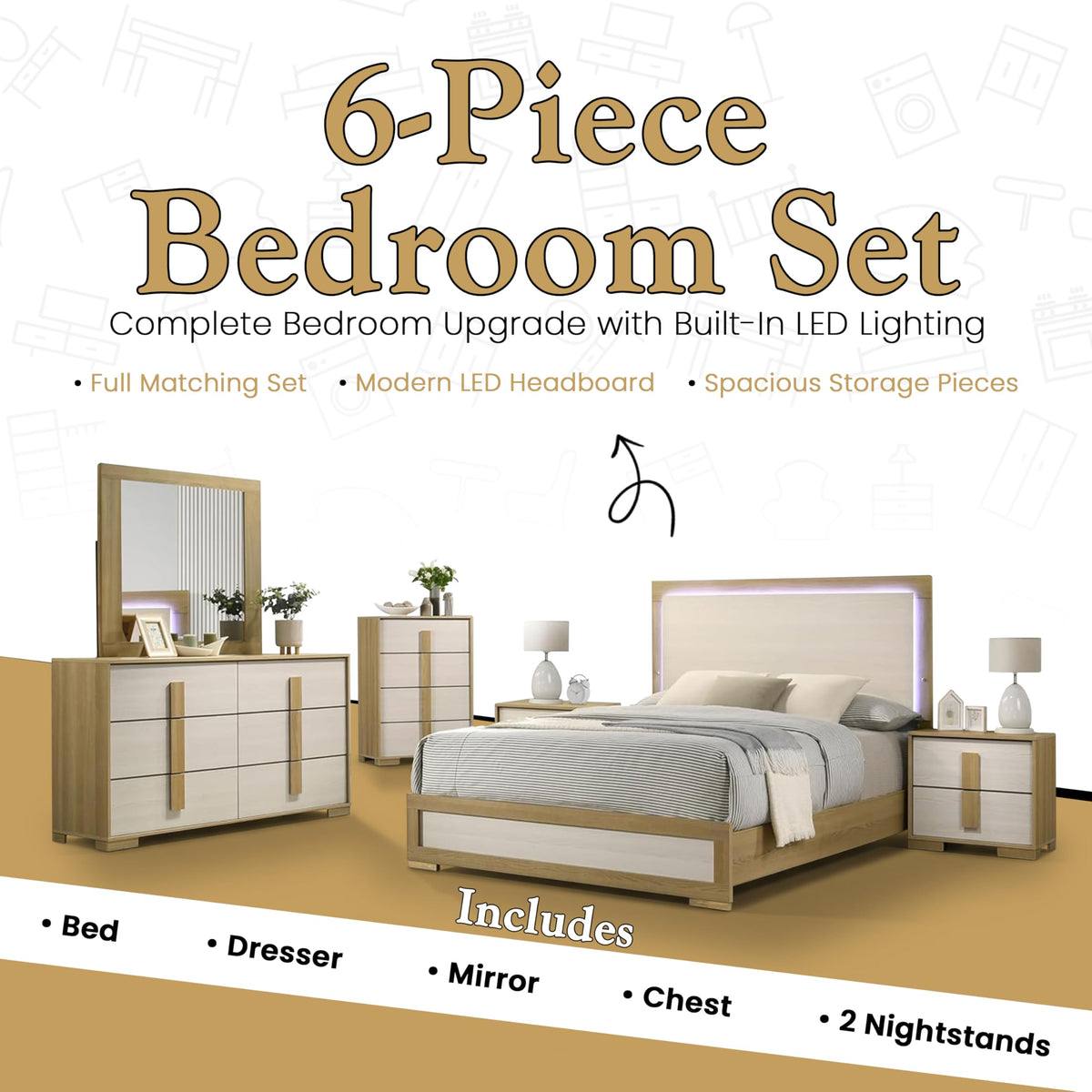 Kings Brand Furniture 6-Piece Natural/White Bedroom Set - King Size Bed with LED Lights, Dresser, Mirror, Chest and 2 Nightstands