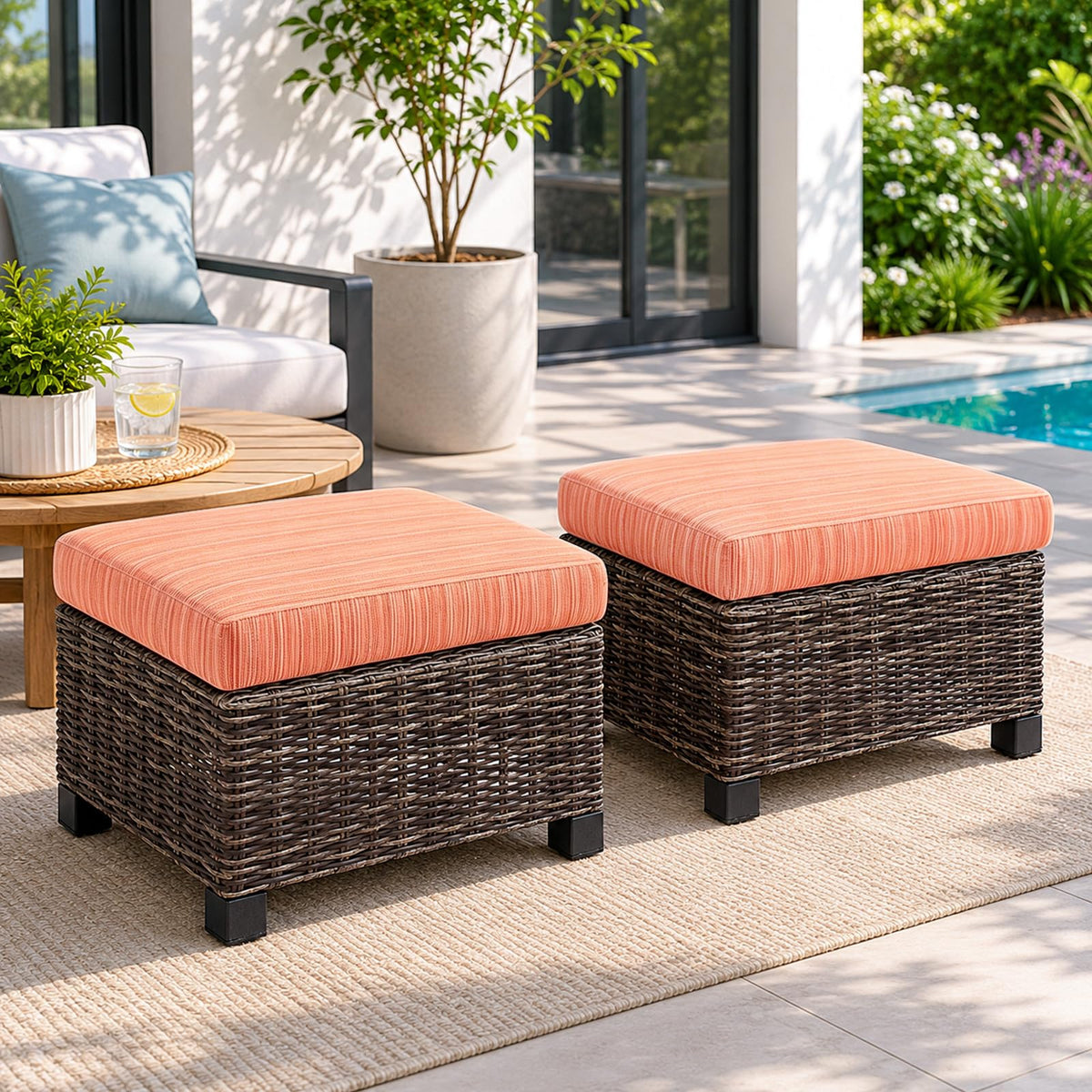 Outdoor Wicker Ottomans, Set of 2