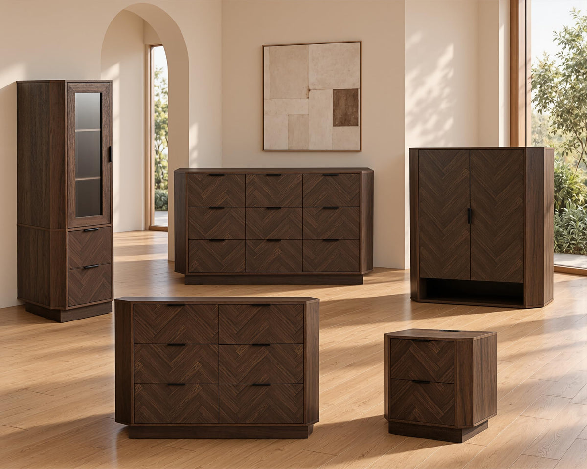AKESONG 21.7" Nightstands with Charging Station, Herringbone Design, Walnut