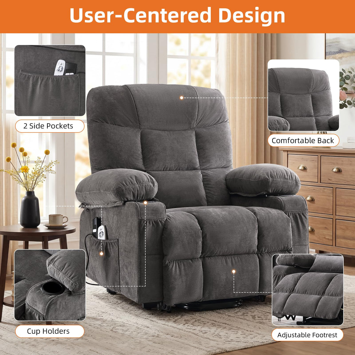 KWKSV Power Lift Recliner Chair for Elderly,8-Point Vibration Massage & Heat,Electric Lift Chair with Two Cup Holders,4 Side Pockets,Extended Footrest for Living Room