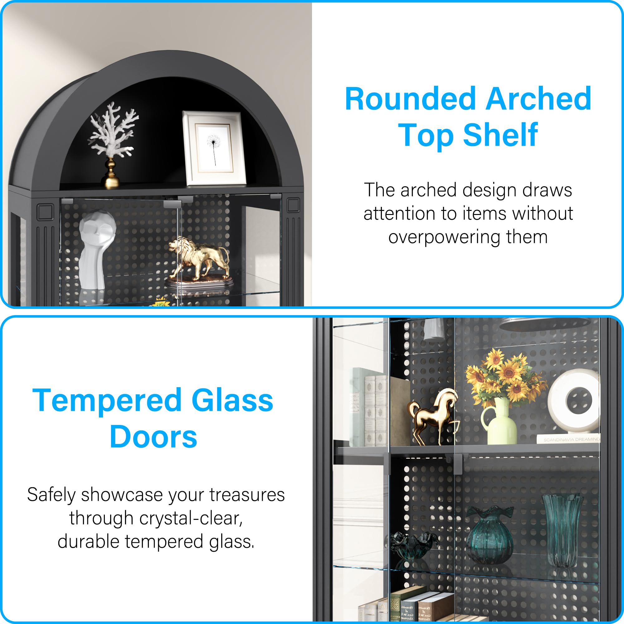 kepptory 5-Tier Glass Display Cabinet with Glass Doors, 71" Tall Arched Curio Cabinet with Roman Line Design and LED Lights, Display Case for Collectibles Bookcase Office and Kitchen