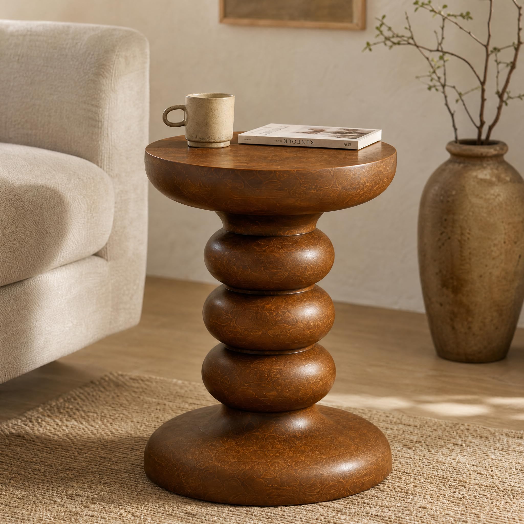 YESWOOD Round End Table, 17.7" Tall Mid Century Modern Side Table, Circle Bedside Tables Drink Table Mango Wood Nightstand for Small Spaces, Living Room