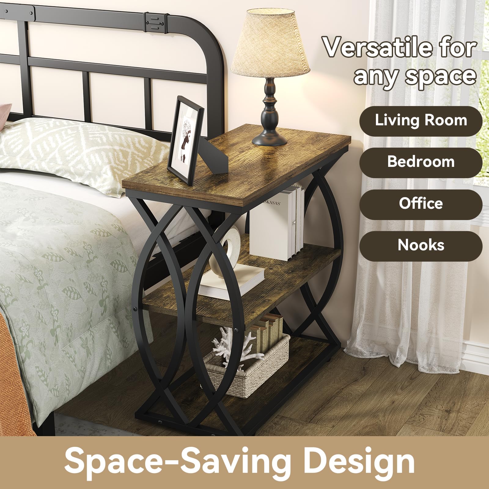 3-Tier Rustic Side Table with Metal Frame