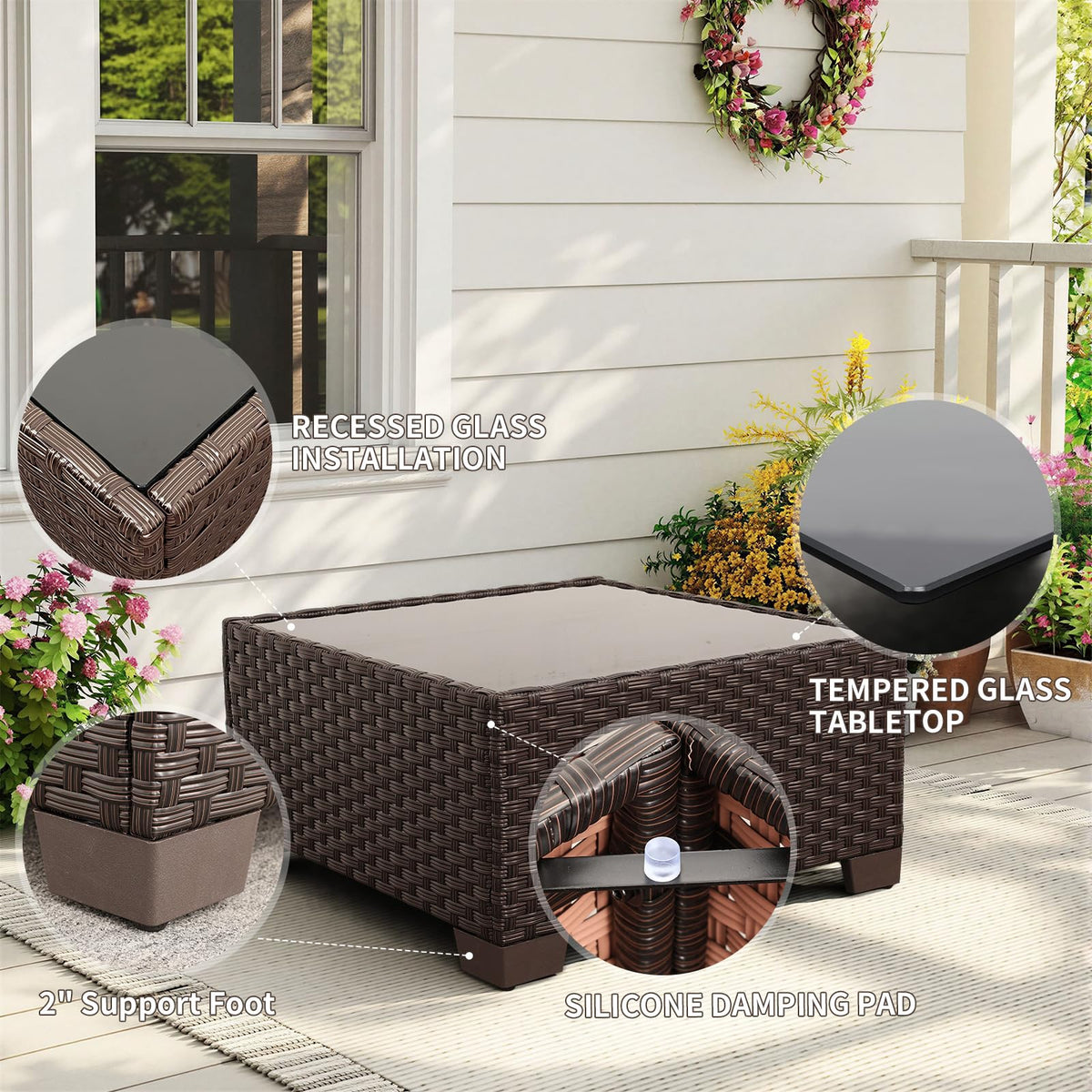 Rattaner 9 Pieces Outdoor Sectional All-Weather HDPE Brown Wicker Patio Furniture Set Patio Sectional Glass Patio Table Non-Slip Cushions and Waterproof Covers, Beige