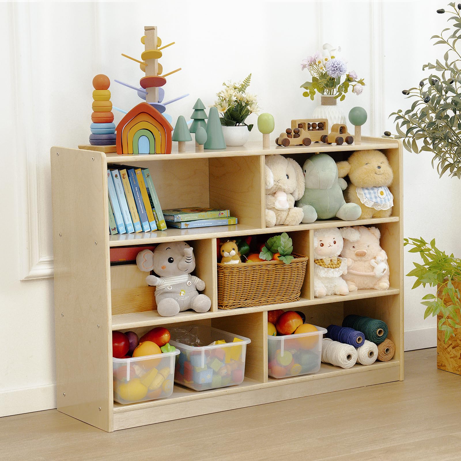 kidi house Kids Bookshelf and Toy Storage Shelf, Wooden Montessori Bookshelf, 3-Tier Toy Shelves with 7 Cubby, Classroom Furniture, Birch Children Bookcase, Book Shelf for Kids Room, Nursery, Playroom
