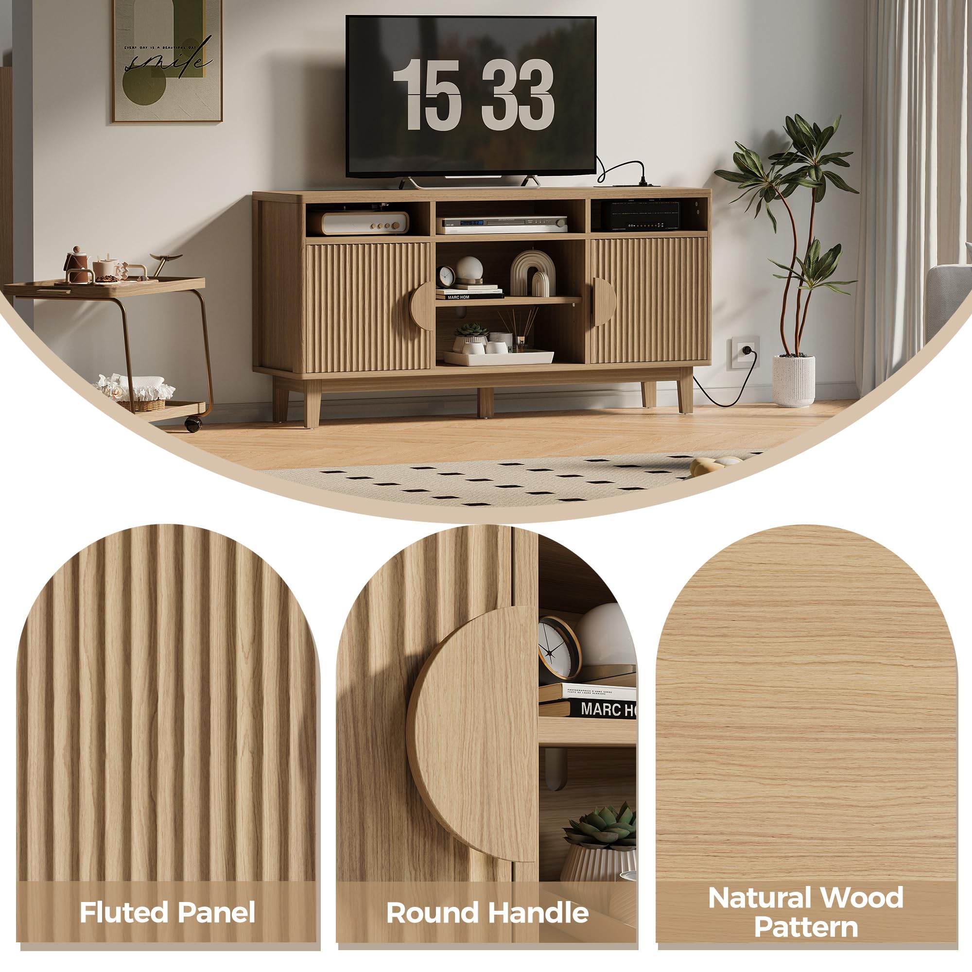 TV Stand for 65" TV with Charging Station & Fluted Doors, 59"