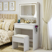 RIHHA Small Vanity Desk with Lighted Mirror & Charging Station, 24" White Makeup Vanity Table Set with Top Shelf & Hidden Storage, Compact Mini Dressing Desk with Stool for Bedroom, Girls, Teens
