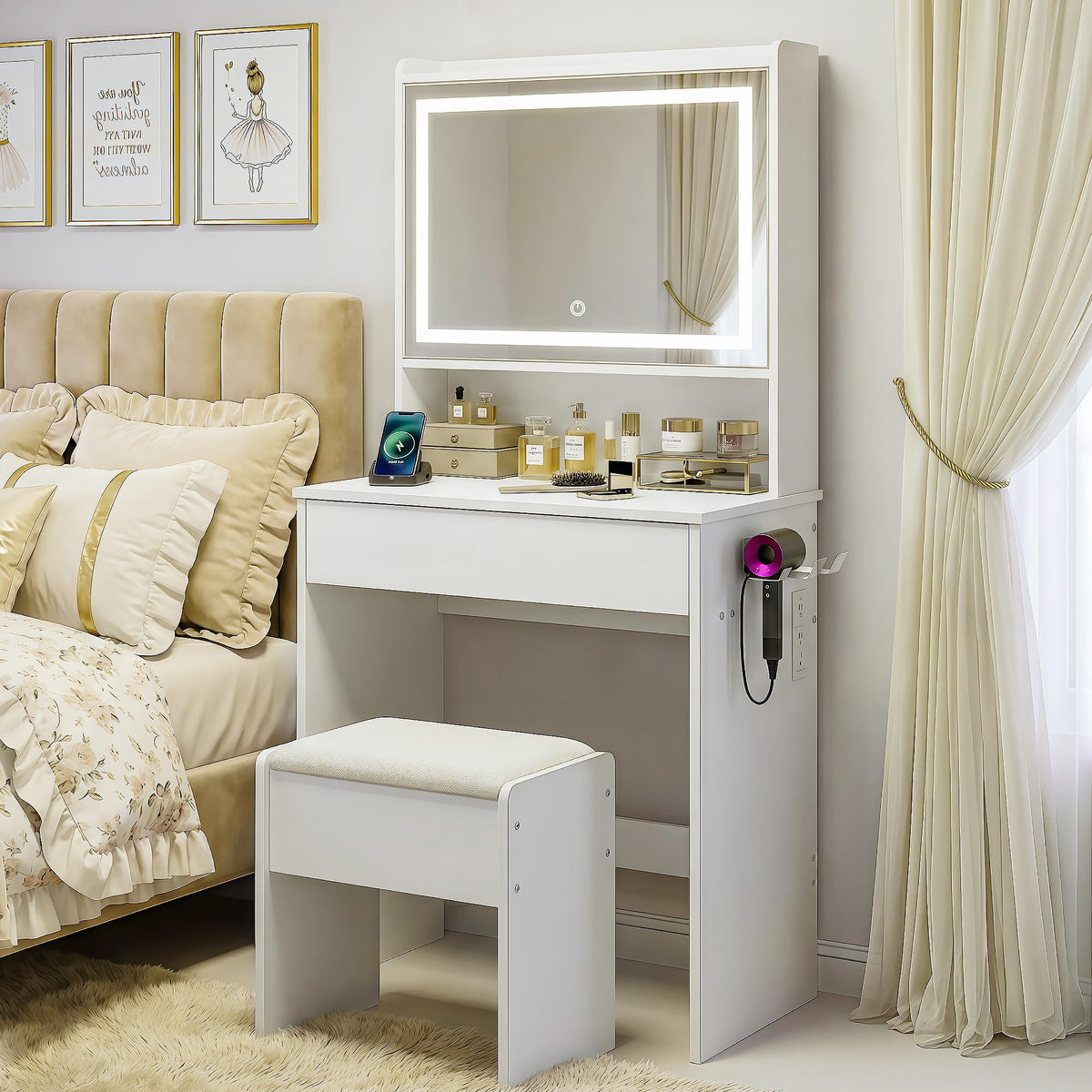 RIHHA Small Vanity Desk with Lighted Mirror & Charging Station, 24" White Makeup Vanity Table Set with Top Shelf & Hidden Storage, Compact Mini Dressing Desk with Stool for Bedroom, Girls, Teens