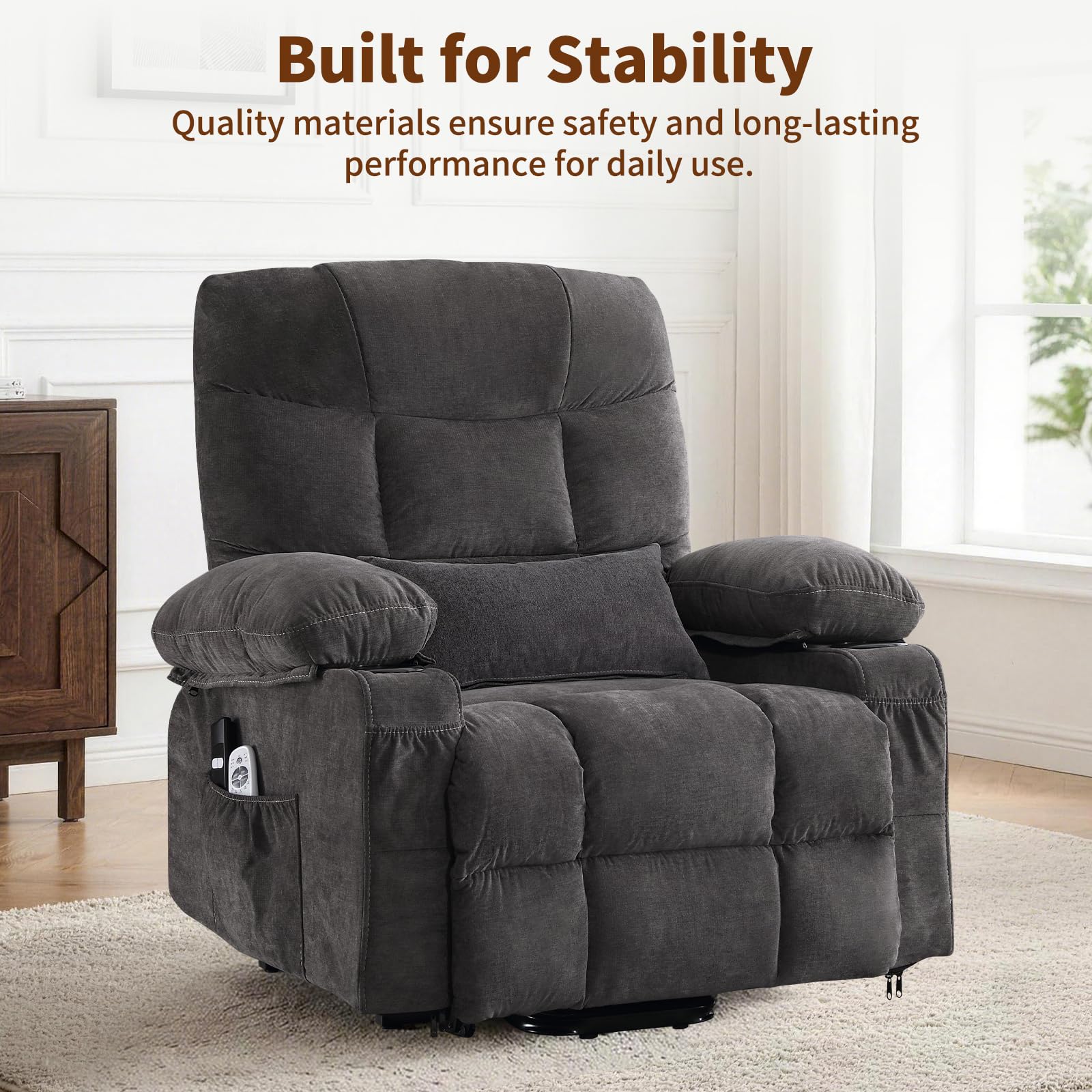 PoteSoar Power Lift Recliner Chair for Elderly with Massage and Heat, Comfortable Electric Power Reclining Chair with Side Pockets,2 Cup Holders and USB Charging Port for Living Room (Grey)