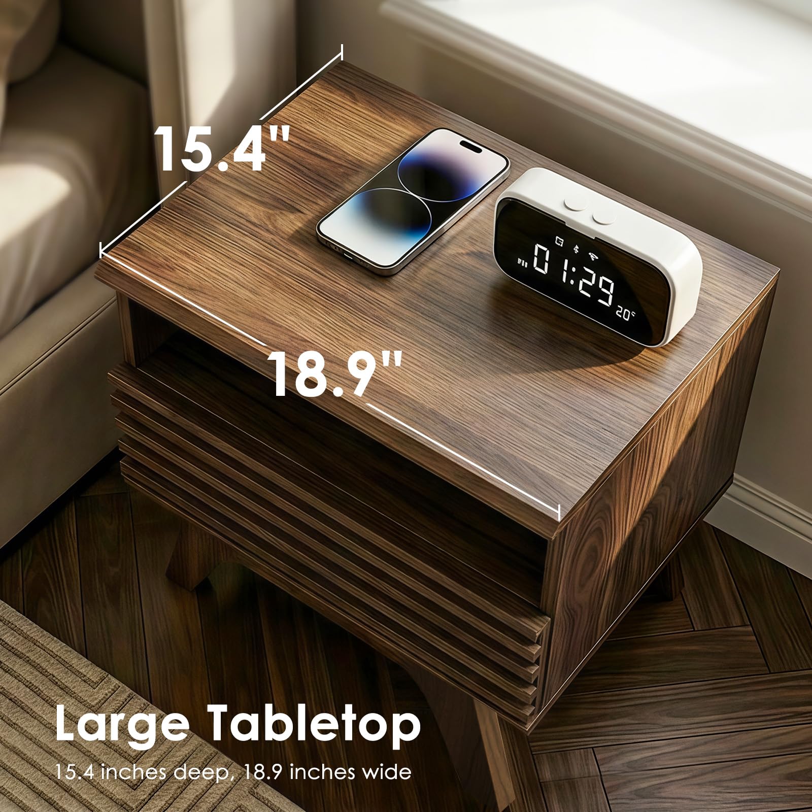 Fluted Nightstand with Drawer & Open Shelf | Mid-Century Modern