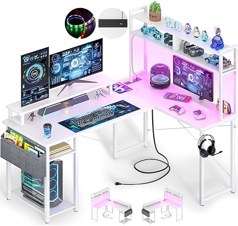 L-Shaped Desk with Power Outlets & Monitor Stand