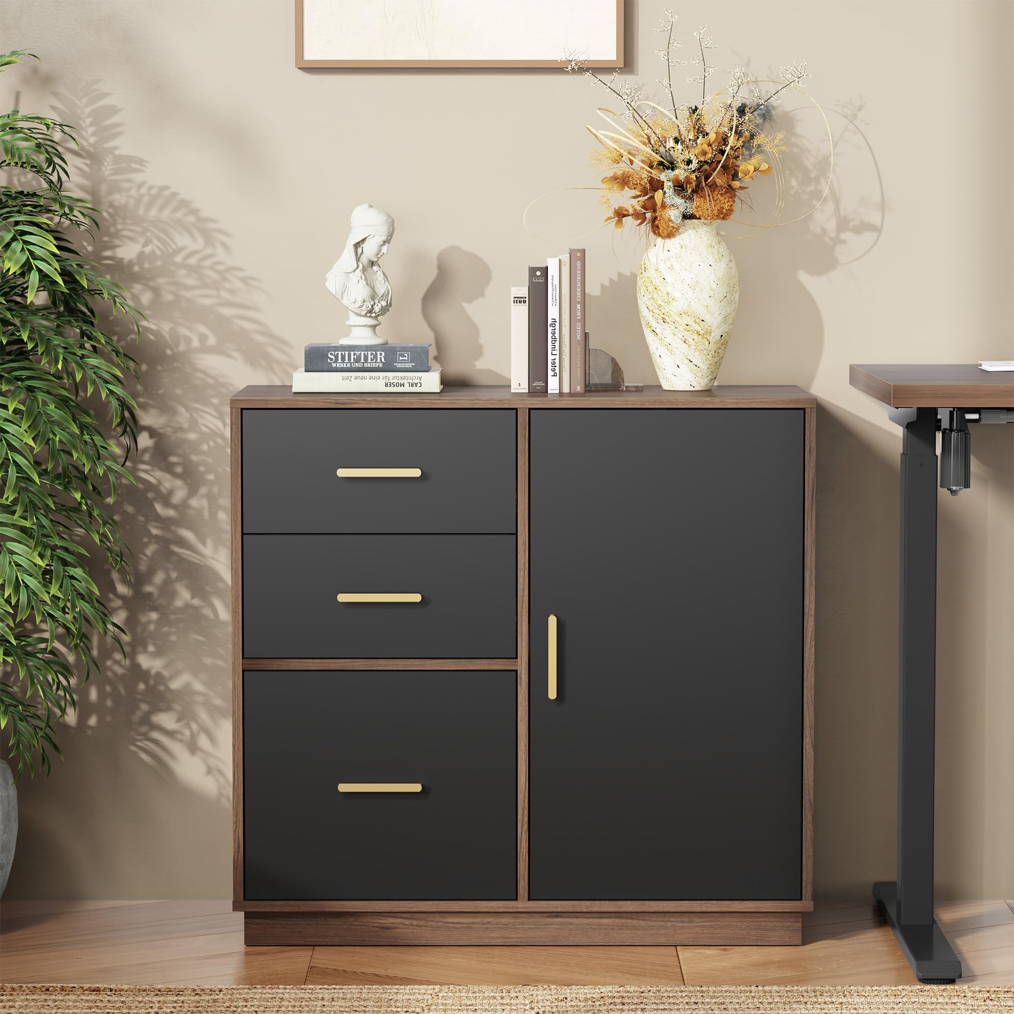 3-Drawer File Cabinet with Side Cabinet & Adjustable Shelf