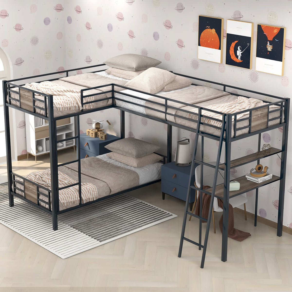L-Shaped Triple Bunk Bed with Desk