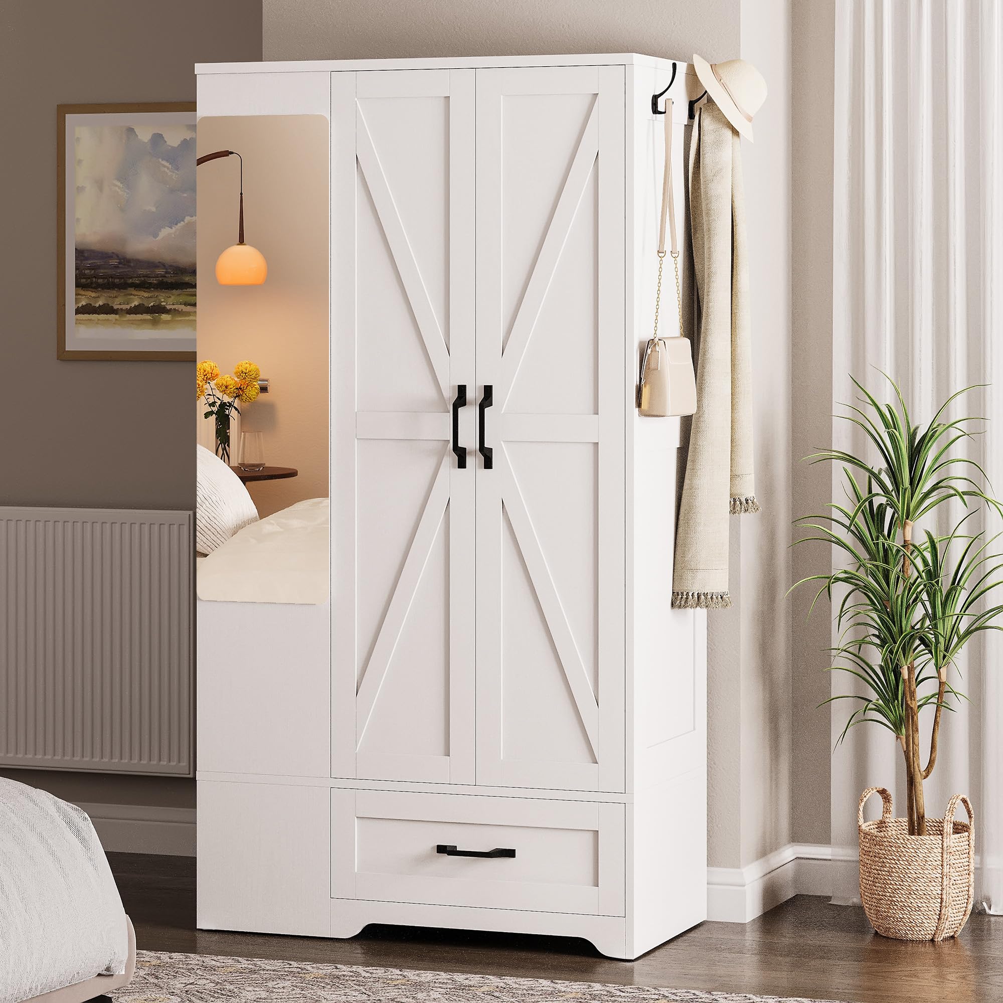 Tall Wardrobe Closet with Mirror & Barn Doors