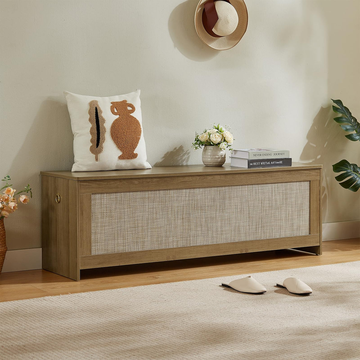 ZenFang 55.1" Storage Chest Extra Large,Rattan Storage Bench(Cherry Brown)