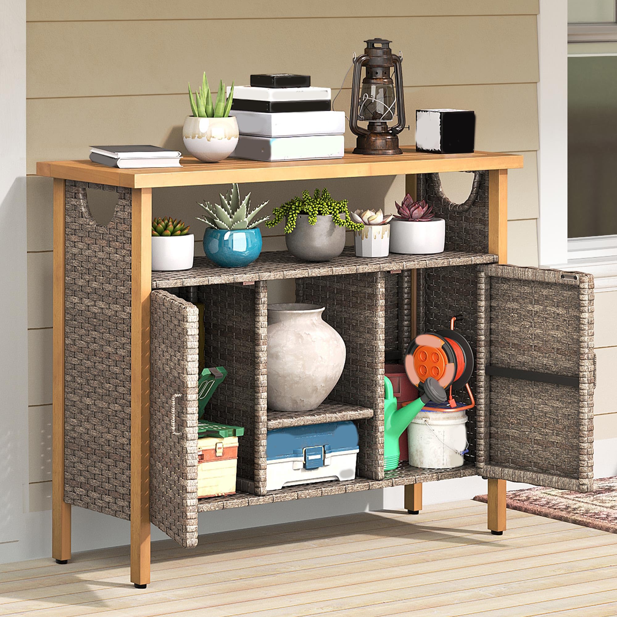 Outdoor Wicker Storage Cabinet with Adjustable Shelves