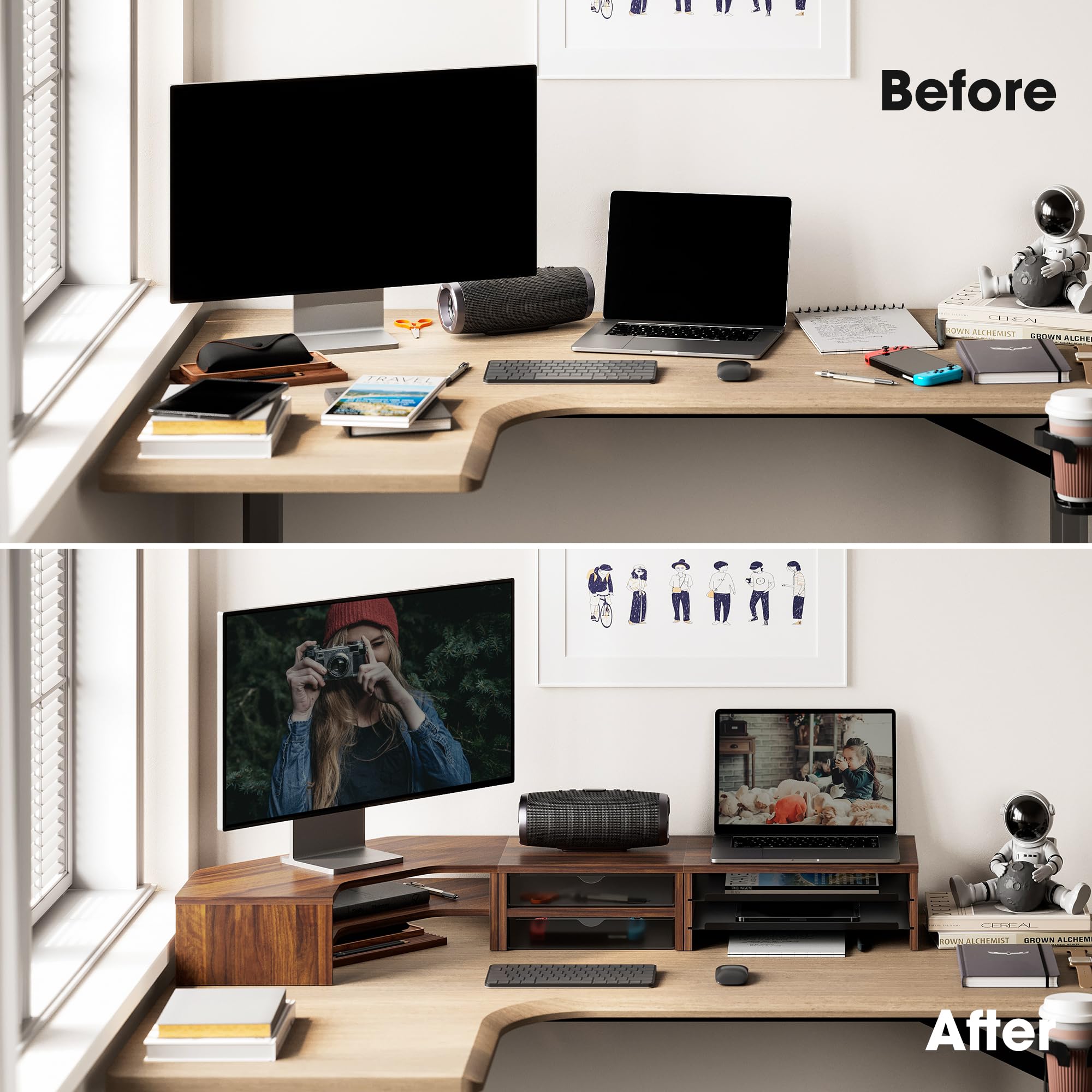 Corner Dual Monitor Stand with Drawer & Storage