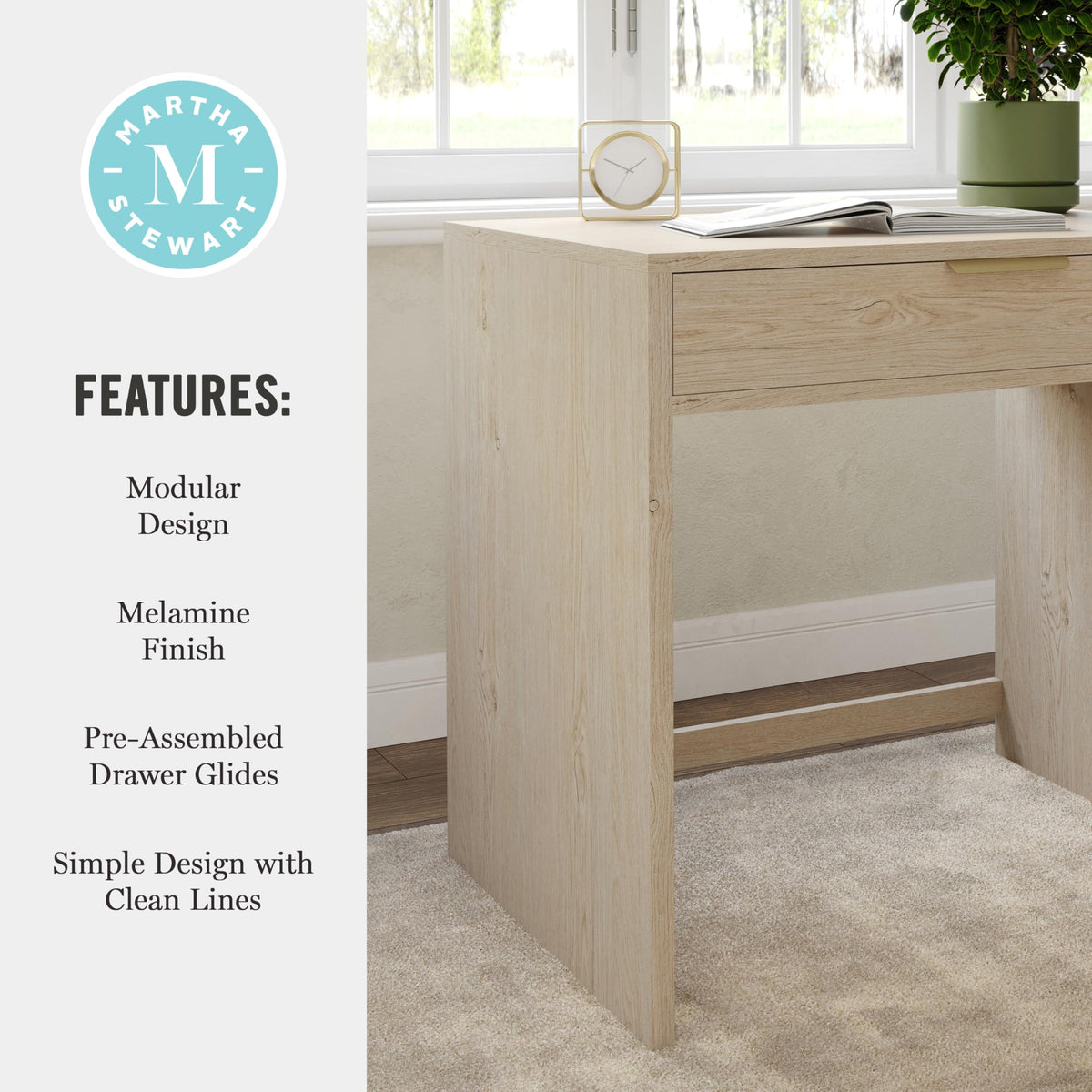 Martha Stewart Kayden Modular Single-Drawer Desk, Light Natural