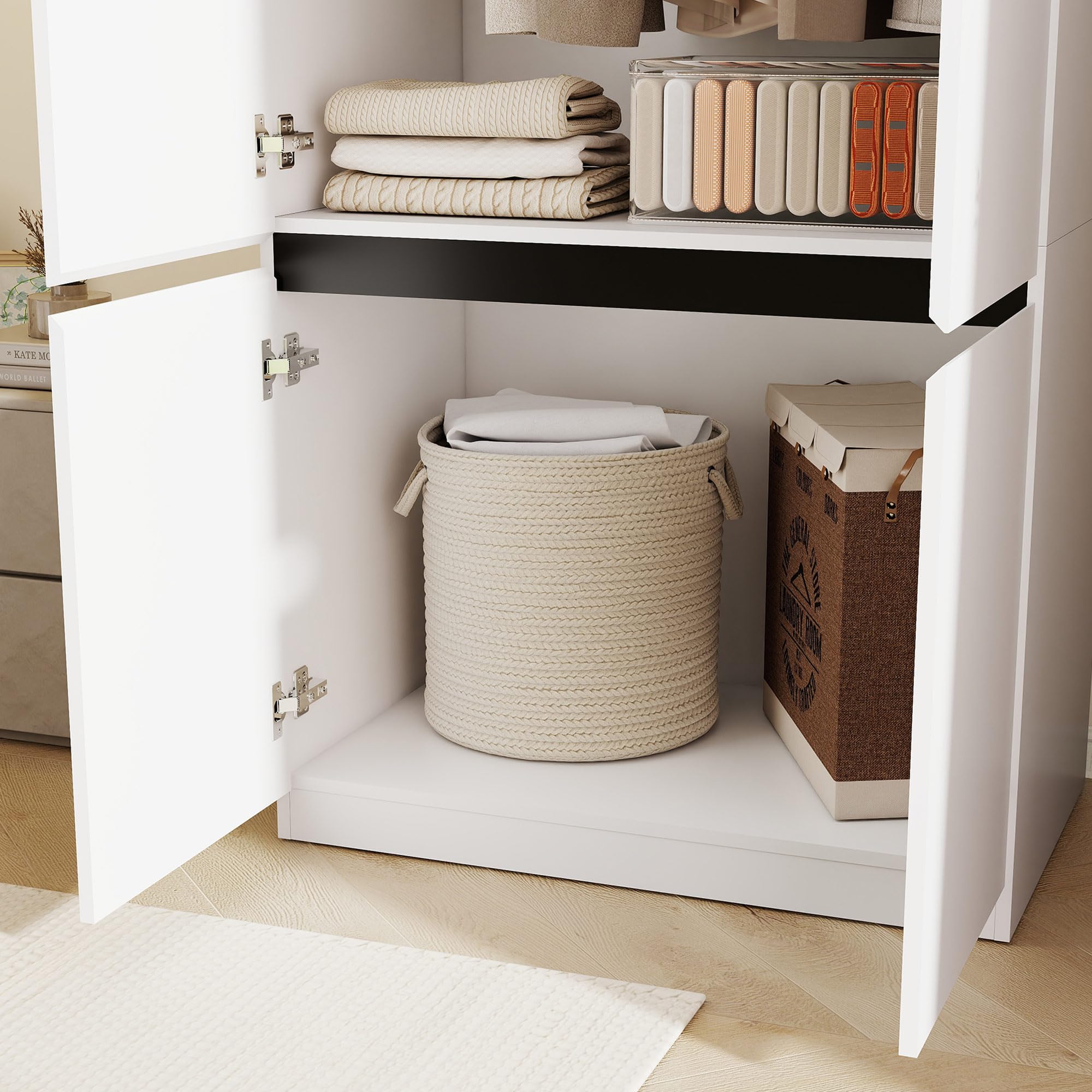 Swyanste White Armoire Wardrobe Closet: 74" Large Wardrobe Closet with 4 Doors, Wood Closets Cabinet for Hanging Clothes, Freestanding Bedroom Armoires (63 in-4 Doors)
