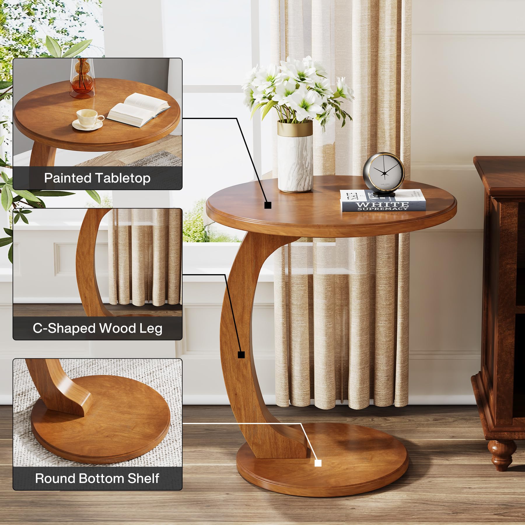 Tribesigns Small Round End Table for Living Room, C-Shaped Sofa Side Table for Couch, Retro Boho Bedside Nightstand, Brown