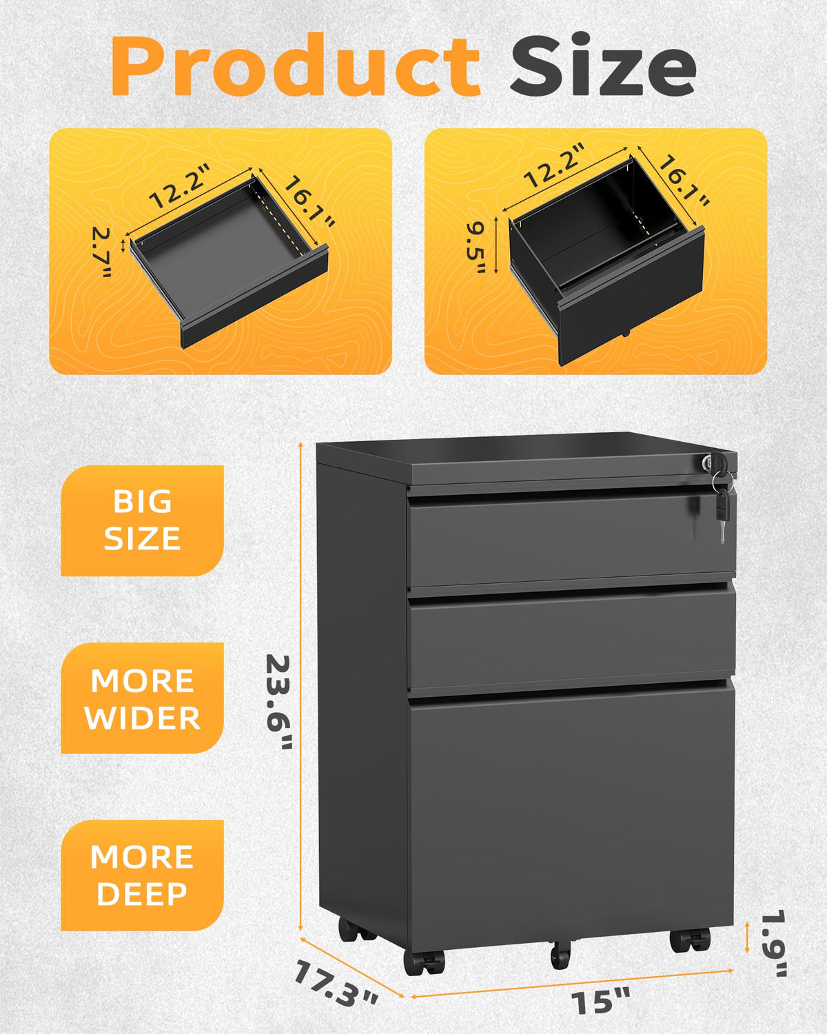 Fully Assembled 3-Drawer Mobile File Cabinet with Lock, Under Desk Storage