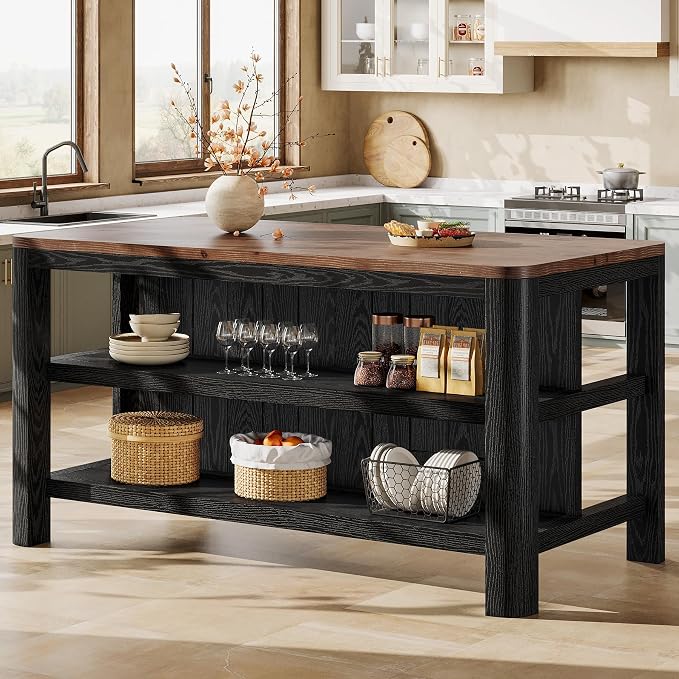 Solid Wood Kitchen Island with Shelves