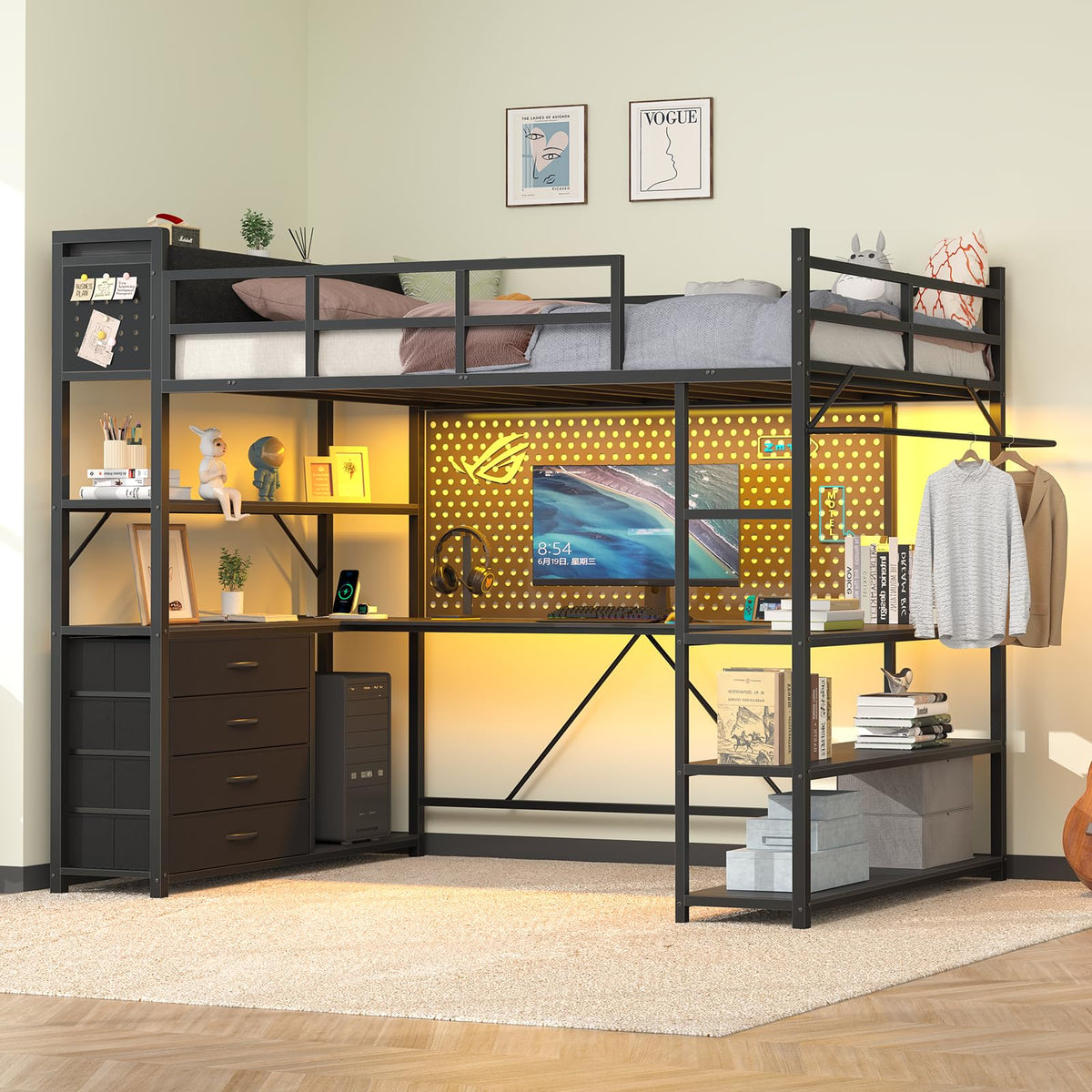 Black Loft Bed Twin Size with Storage Upholstered Headboard & U-Shaped Desk