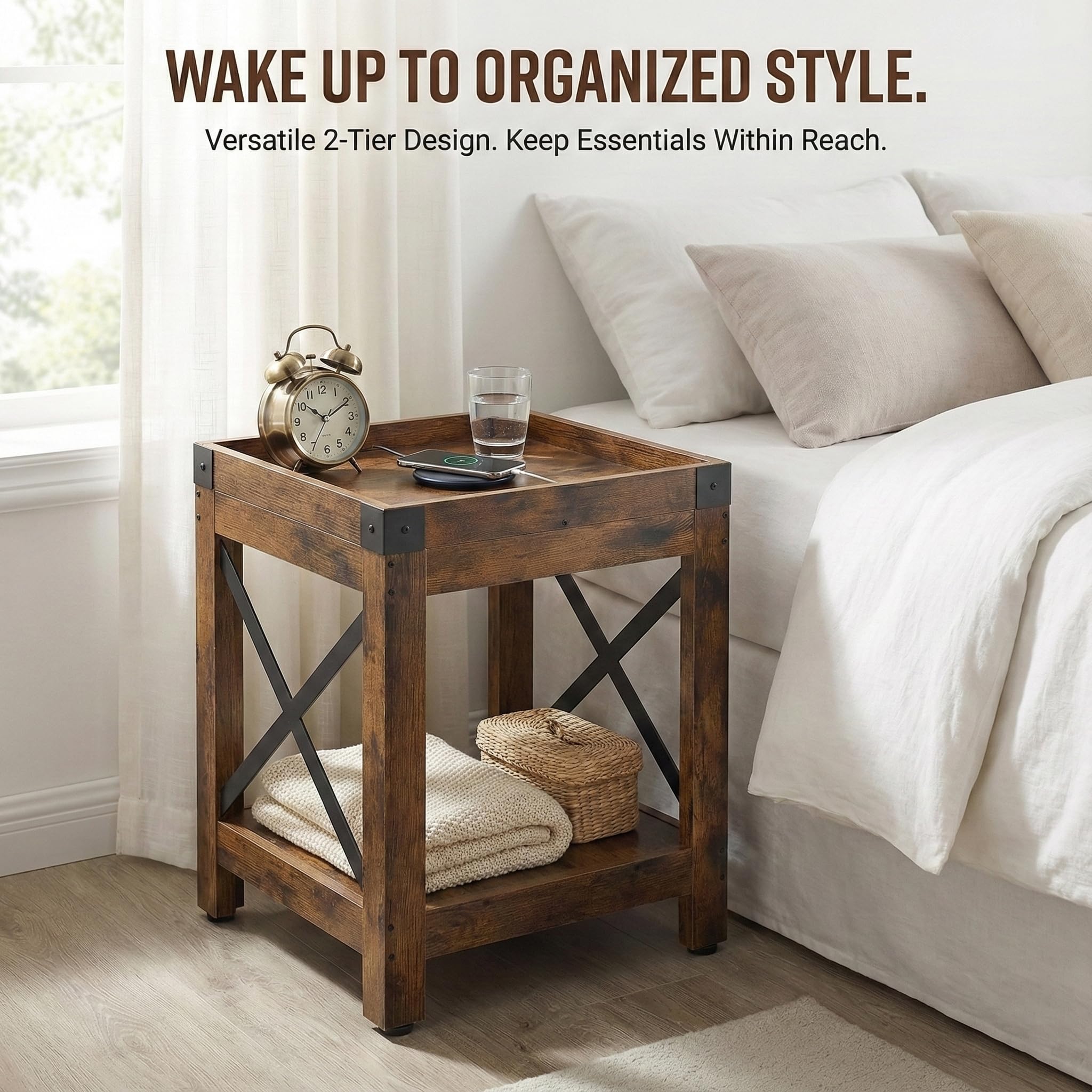 Farmhouse Square Side Table with Storage Shelf