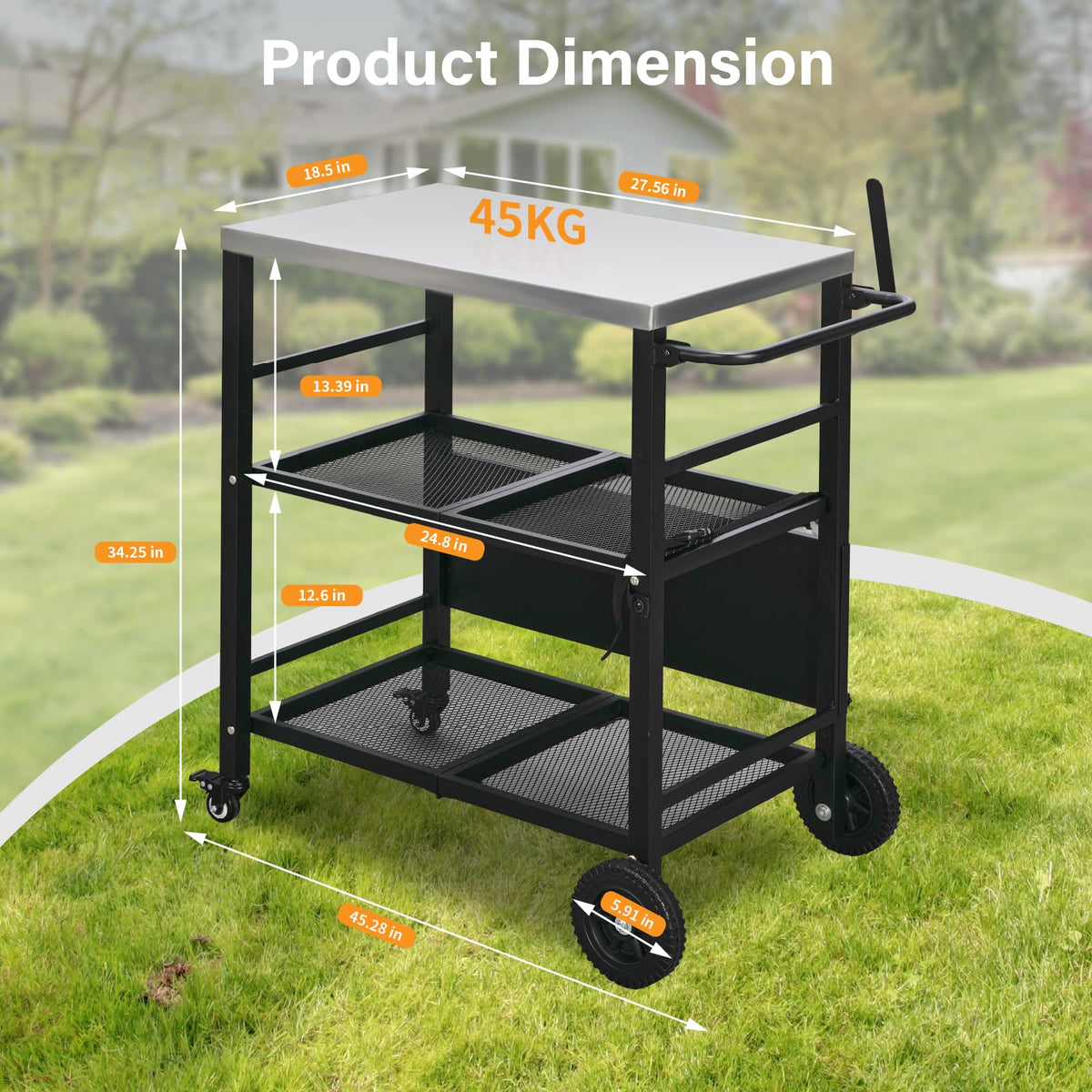 ROVSUN Stainless Steel Foldable Grill Table Cart, Outdoor Food Prep Rolling Cart with Wheels and Storage Shleves, Paper Towel Holder, Easy Movable Kitchen Island for Home, Patio, Pizza Oven